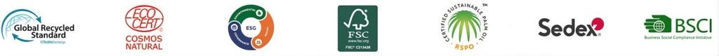 Ekologiczne certyfikaty Rimerio: FSC, PETA Cruelty-Free, Cosmos Natural, Sedex i BSCI – etyczne kosmetyki dla hoteli 4-5 gwiazdkowych.